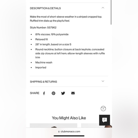 Club Monaco Cropped Ruffle Striped Top XS - Picture 5 of 5